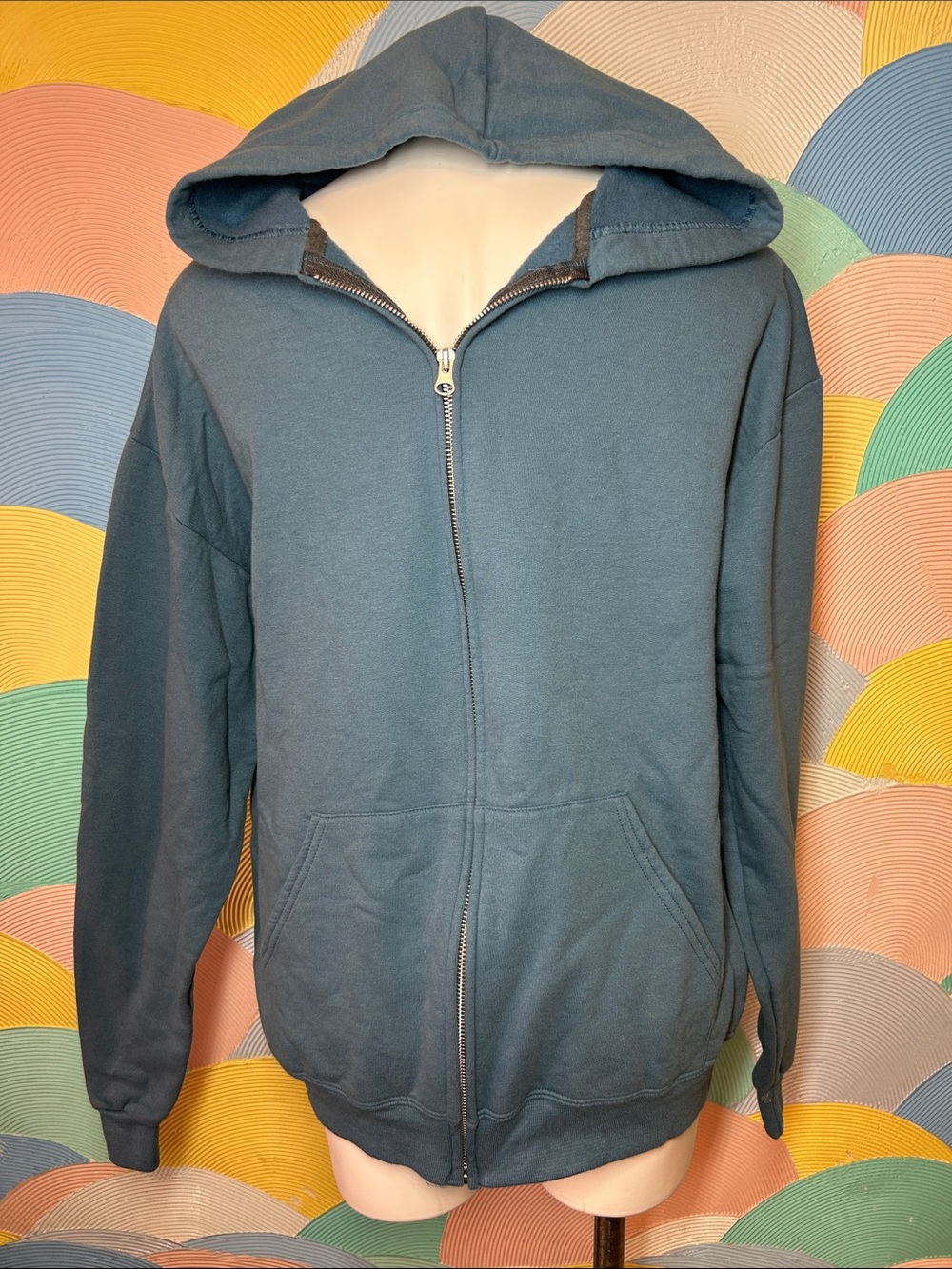 Fruit of the Loom Men's Teal Zip-Up Hoodie Sweater sz L